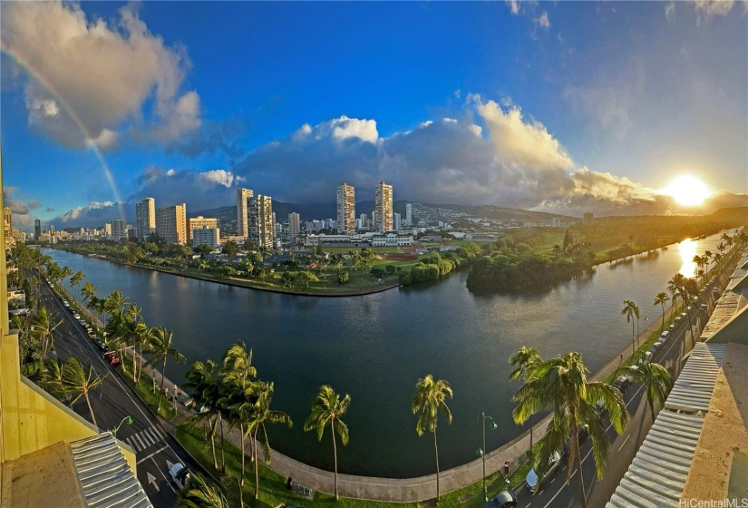 Sunrise, rainbow, canal, mountain, golf course view