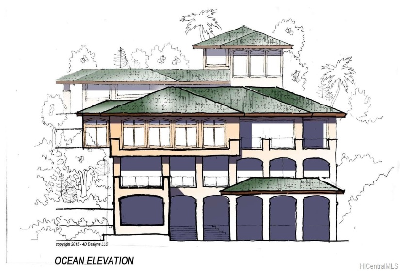 Ideas for the side of home facing the ocean, featuring covered lanais and lots of windows. Height and other restrictions apply. This design may not fit the building envelope.