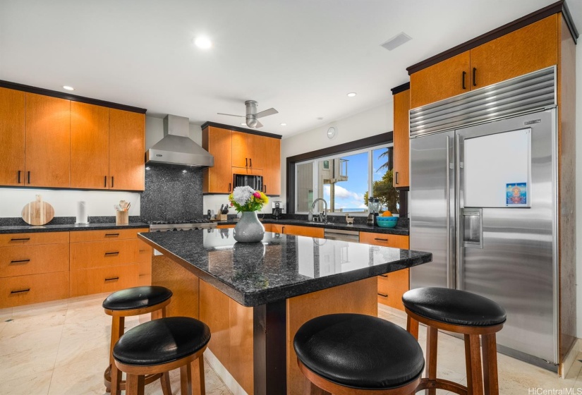 Large Gourmet Kitchen with Custom Built  Birdseye Maple Cabinets, Huge Island for Cooking, Dining and Entertaining, Sub Zero Fridge