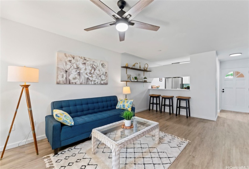 Living room with new ceiling fan