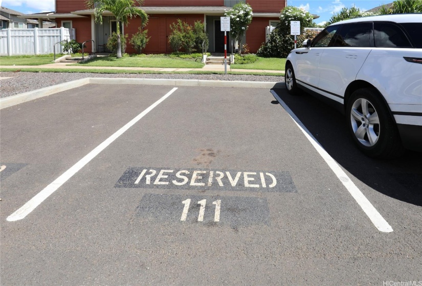 1 reserved parking stall in front of unit. Only corner units have an extra parking stall