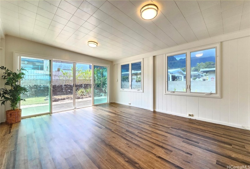 The family room leads out to the back yard.