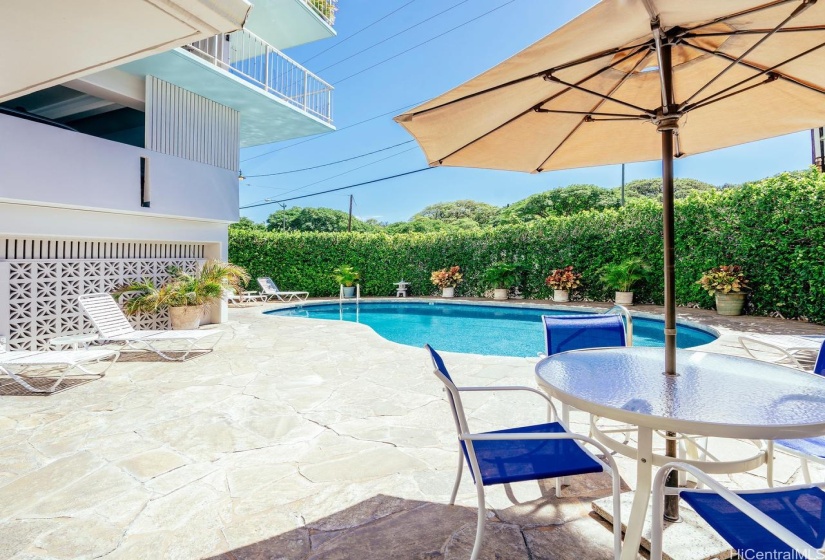 Recreation area where the community residents share monthly poolside pa‘ina (parties) and annual holiday events.