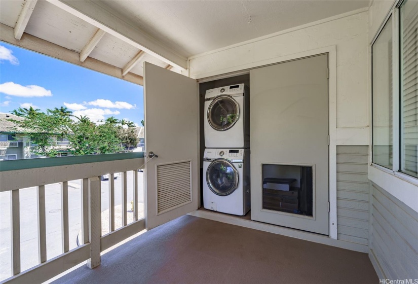 More storage in door adjacent your washer/dryer. Having the units outdoors frees up interior living space.