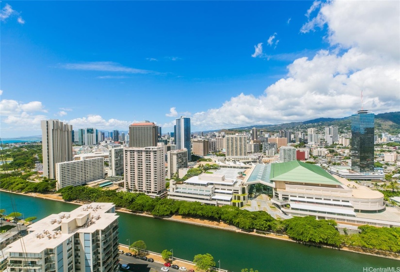 Ala Wai canal, city, sunset, and coastal views