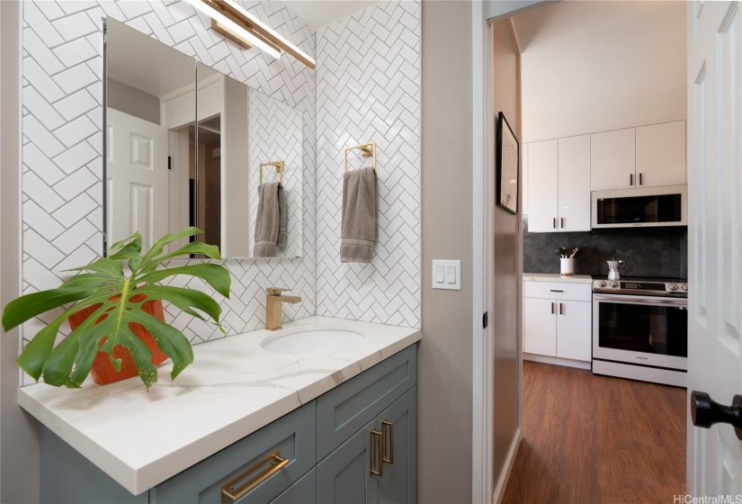 Bathroom is all brand new.  Stylish fixtures, tile and lighting.