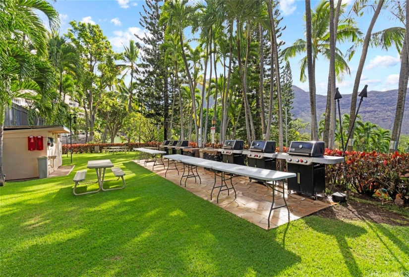 Lush and tropical BBQ area.