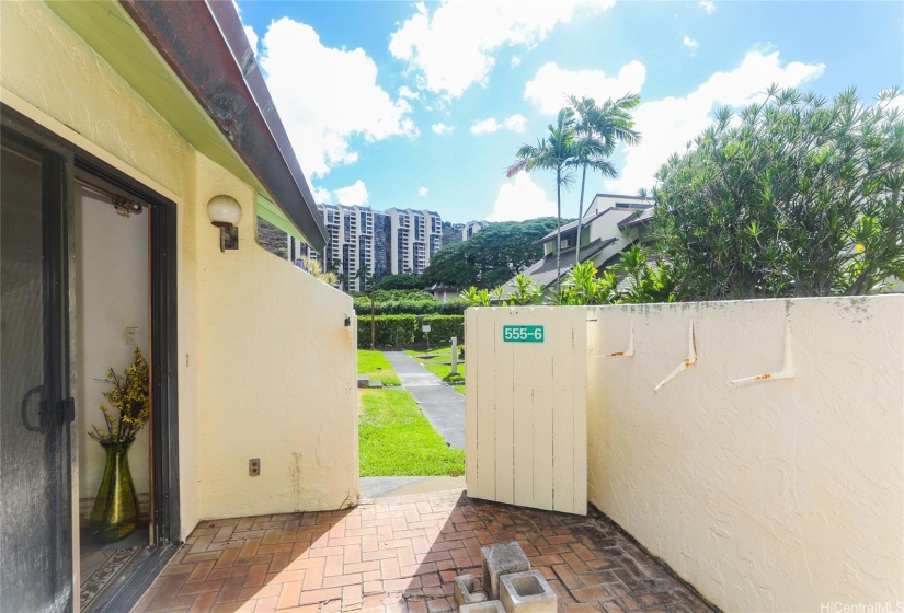 The private back patio with sliding glass door..