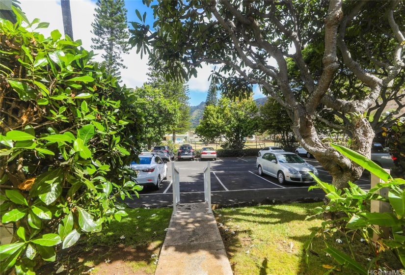 The parking on the North/kitchen entrance is to the right of the stair rails