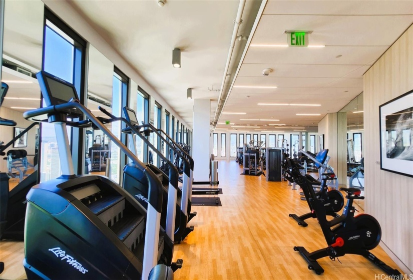 Gym: looking out into the ocean and blue sky as you work out with love ones