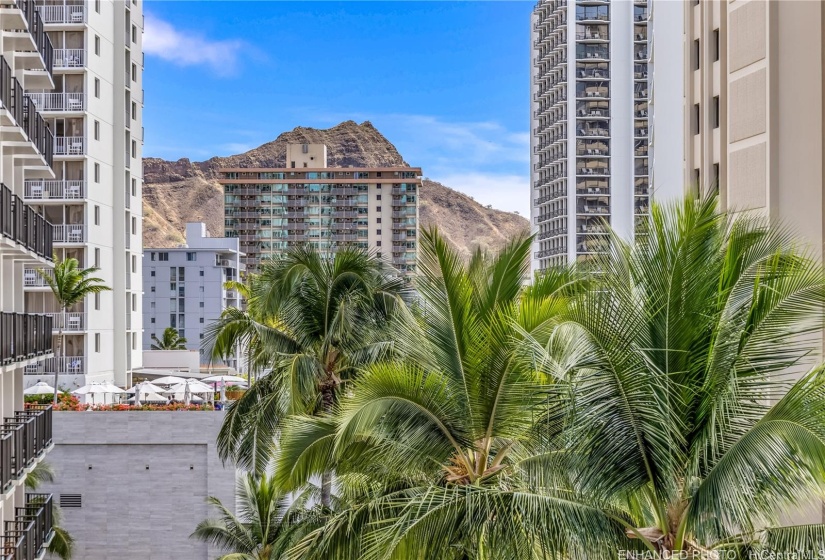 Diamond Head is framed by the towers of the Alohilani ResortEnhanced: Photo is a zoomed in shot of the view.