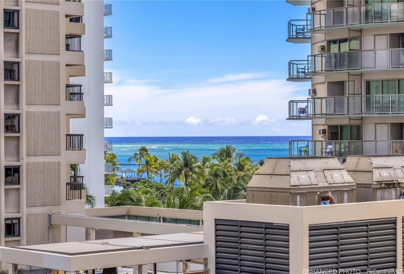 Ocean calls to you over the Waikiki Beach Tower rec deckEnhanced: Photo is a zoomed-in shot of the view.