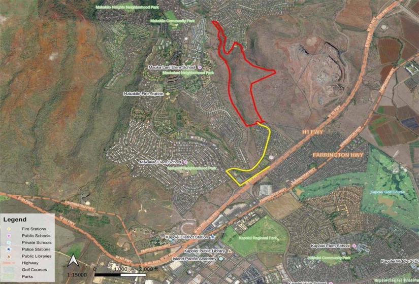 The property, outlined in red, is located on the lower slopes of Makakilo, minutes from the center of Kapolei.