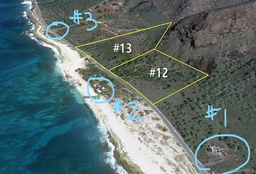 Circle #1 - Lot #11  Our land #12 is next.Circle #2 - The Beach house. Our land #12 is across from the beach house.Circle #3 - Entry of our lady of Kea'au.  Our land #13 is before this entry road.