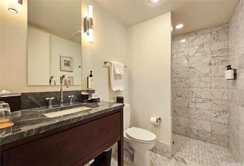 Spacious second full bathroom right next to the entrance door.