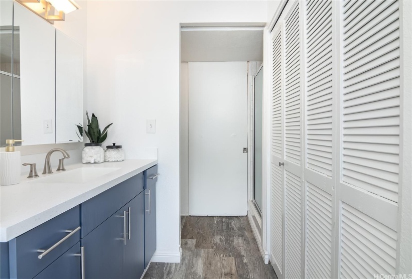 View of primary bathroom vanity to toilet/shower area.