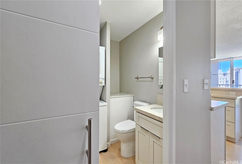 Renovated bathroom with new barn door entry