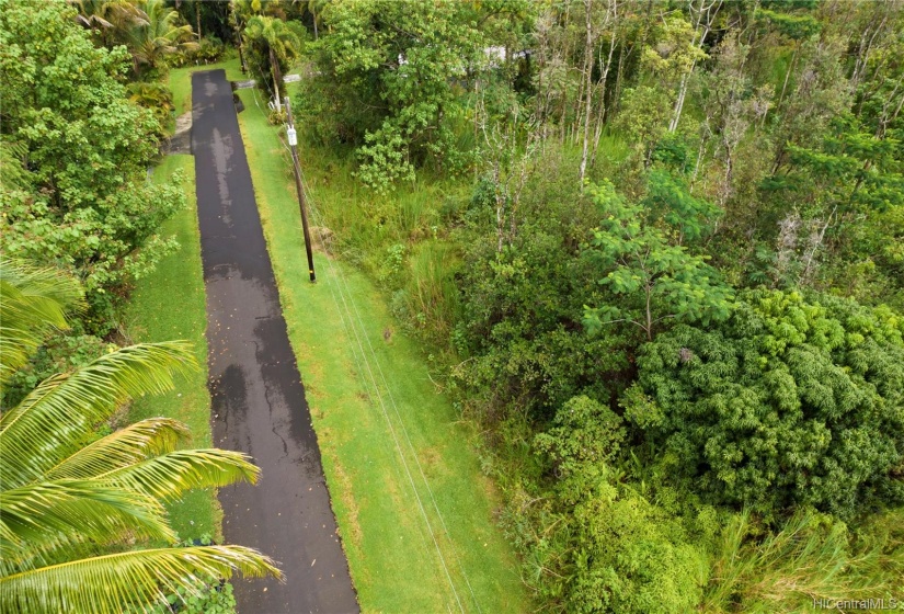 Wooded lot to the right of the street.