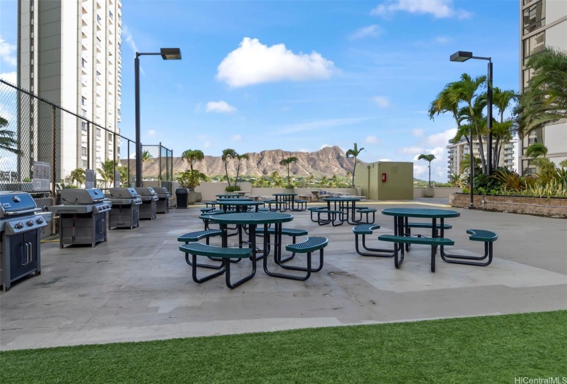 Multiple BBQ areas with picnic tables.