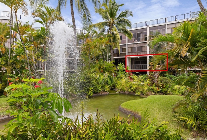 Fountain view into unit 208A.