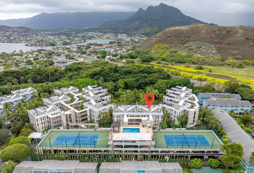 Aerial views of the tennis courts and Mount Olomana!