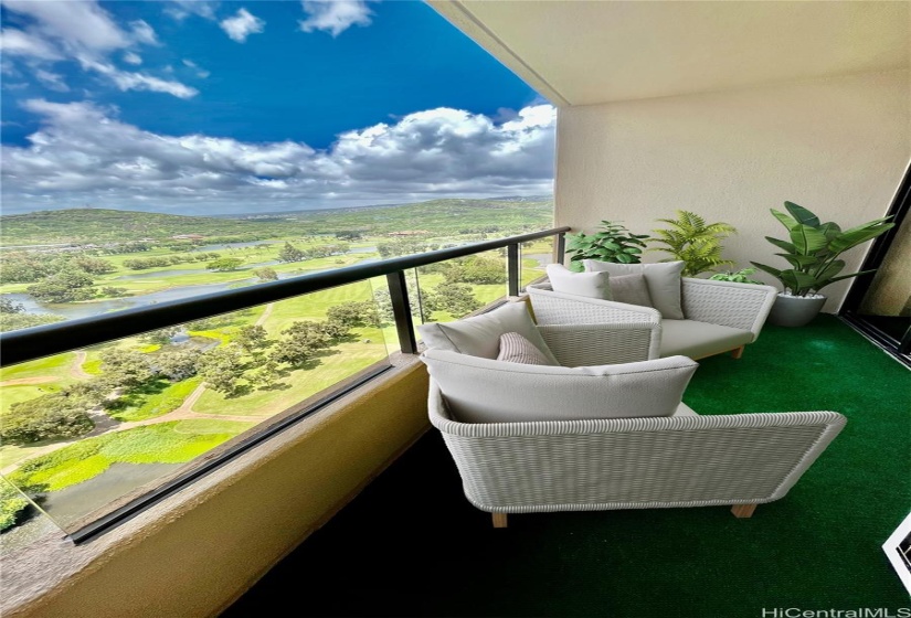 Roomy Lanai with lush golf course views.Virtually staged