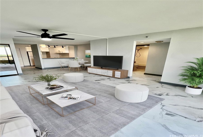 Living Room, with entrance to bathroom and  bedroom virtually staged