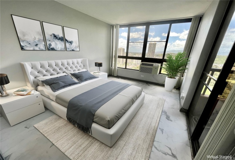 Bedroom with awesome City Views  and an entrance to the lanai Virtually staged