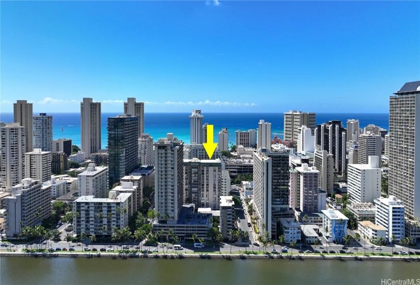 Aerial View of Palms Inc located in the heart of Waikiki