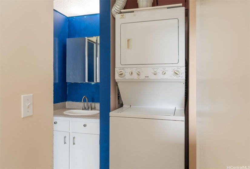 In unit stack washer and dryer conveniently located just outside the bedroom and next to the bathroom area.