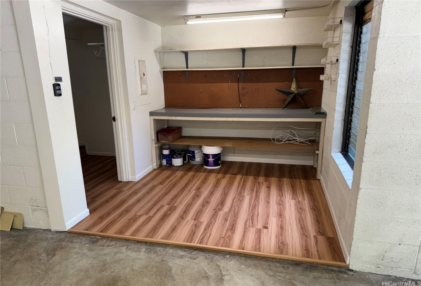 Workbench area next to garage