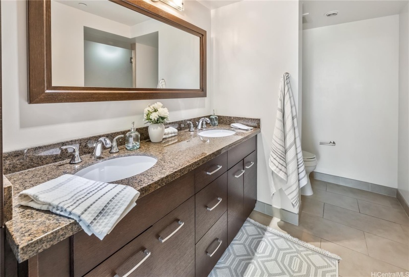 Primary bedroom has deep soak Furo Tub with double vanity!