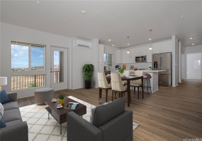 Virtually staged layout with kitchen and lanai view