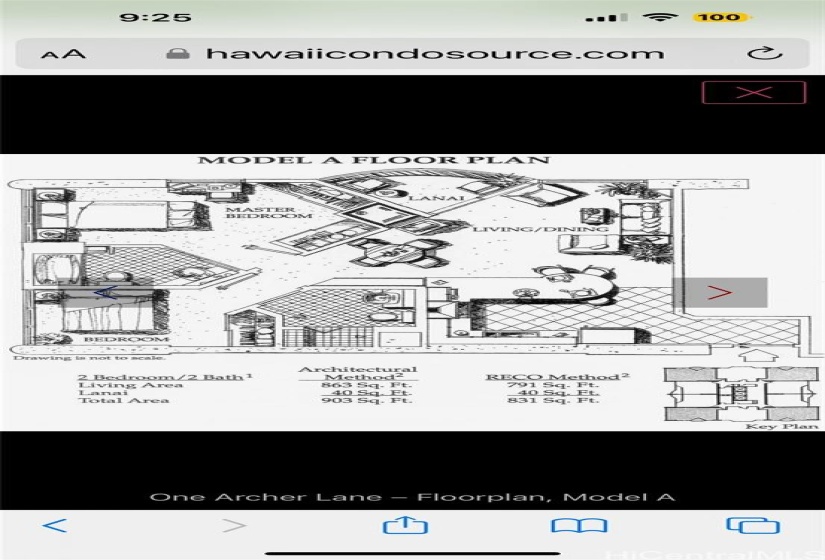 Architectural measurement is 863 SF