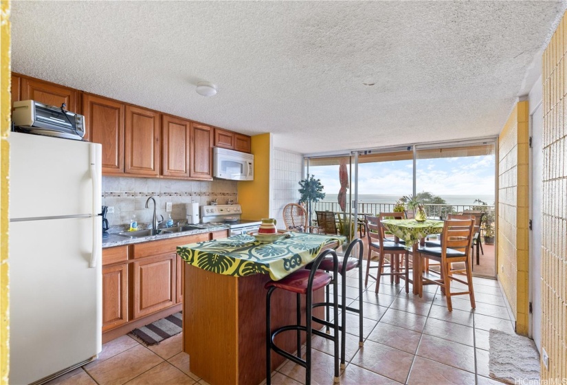 Rooftop clubhouse kitchen also has a bathroom to use.