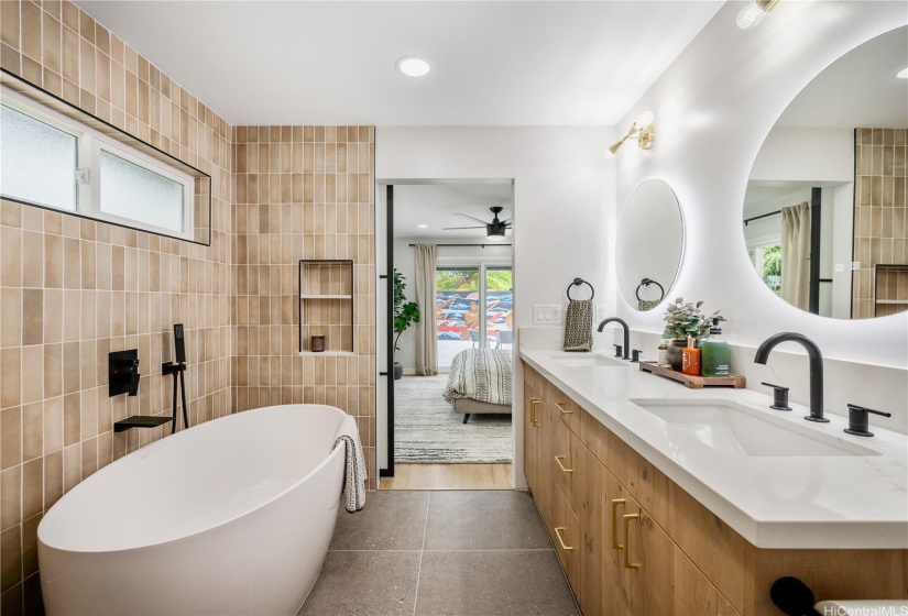 Spa-Like Primary En-Suite with Soaking Tub & Gorgeous Fingerling Tile withModern Design & Upgraded Backlit LED Mirrors. Refresh & Revive Daily in YourPrivate Hotel Like Home Spa