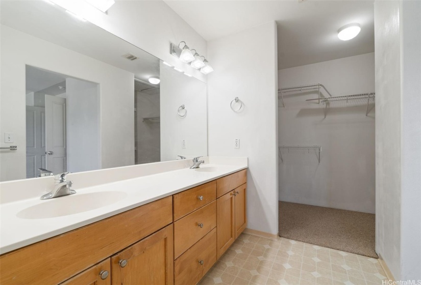 Primary bath with huge double vanity and roomy walk-in closet.