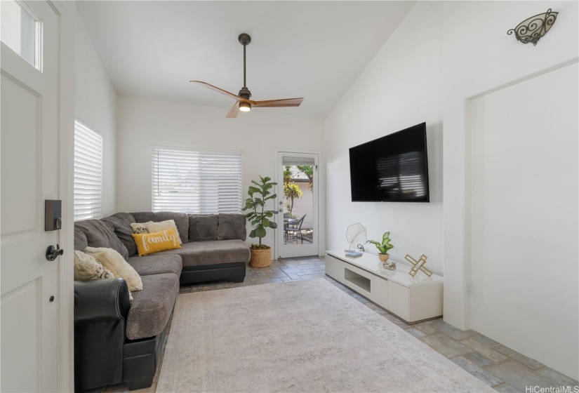 Open living room with vaulted ceiling