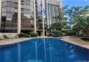 Pool area to the building