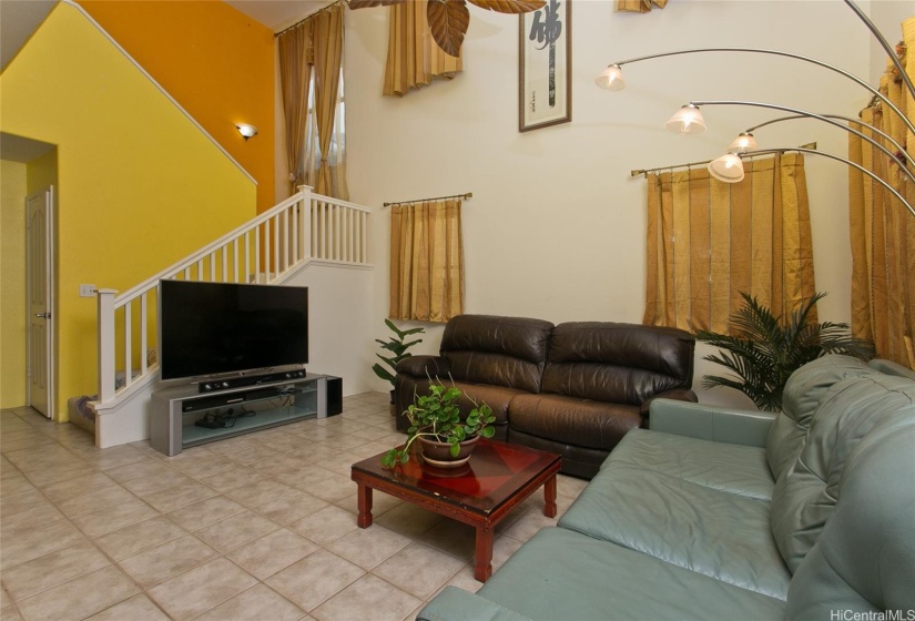 High 25' living room ceilings for spacious and dramatic effect.