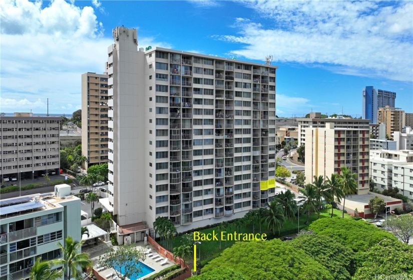 Street parking on both sides of the building