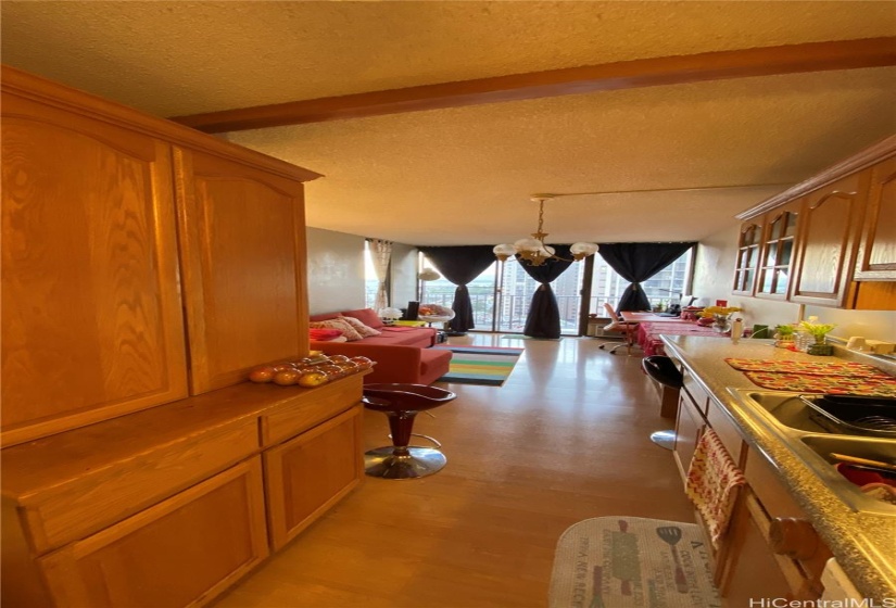 kitchen with solid wood cabinetry--looking into LR