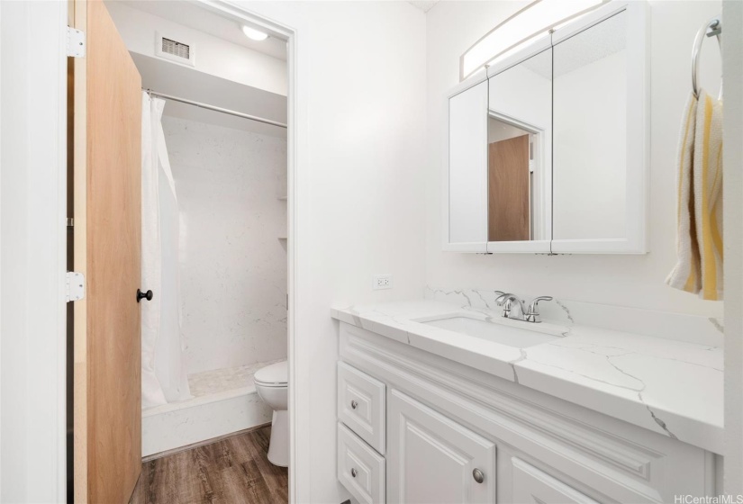 Fully renovated bath with new cabinets and quartz countertops.