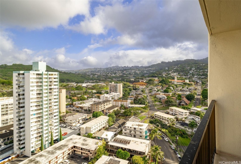 City and mountain views.