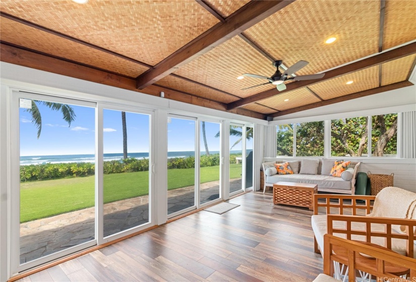 Ocean view living room with lots of sunshine. North Shore Haleiwa Hawaii.