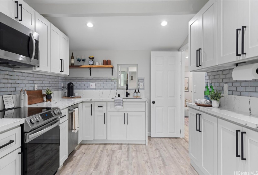 Beautifully remodeled kitchen with lot's of counter space and storage