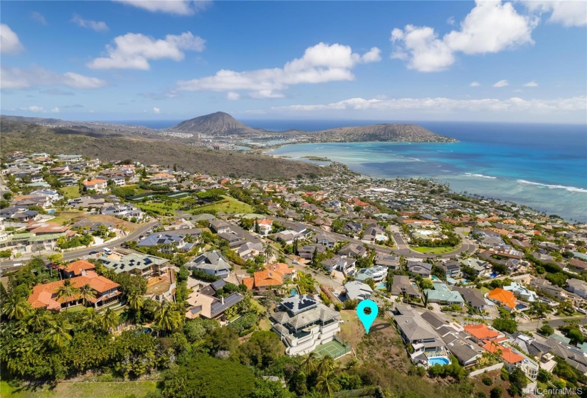 Amazing build opportunity offering unparalleled views in Honolulu's premiere gated community!! Aerial view of property looking towards Portlock and Koko Head.