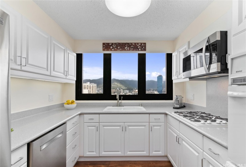 KITCHEN WITH GAS COOKTOP, MICROWAVE CONVENTION OVEN & AMPLE STORAGE.