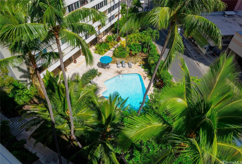 The pool beckons you from below.