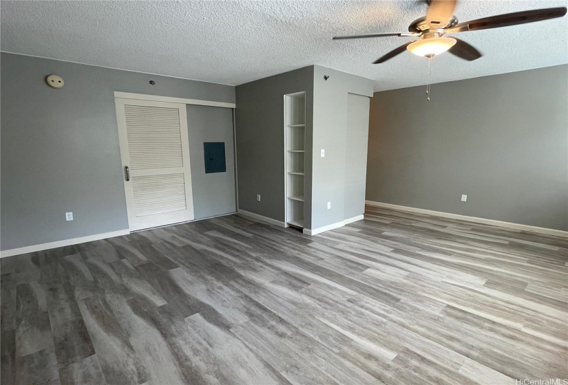 The sliding door easily closes off the walk-in closet, laundry area and bathroom.